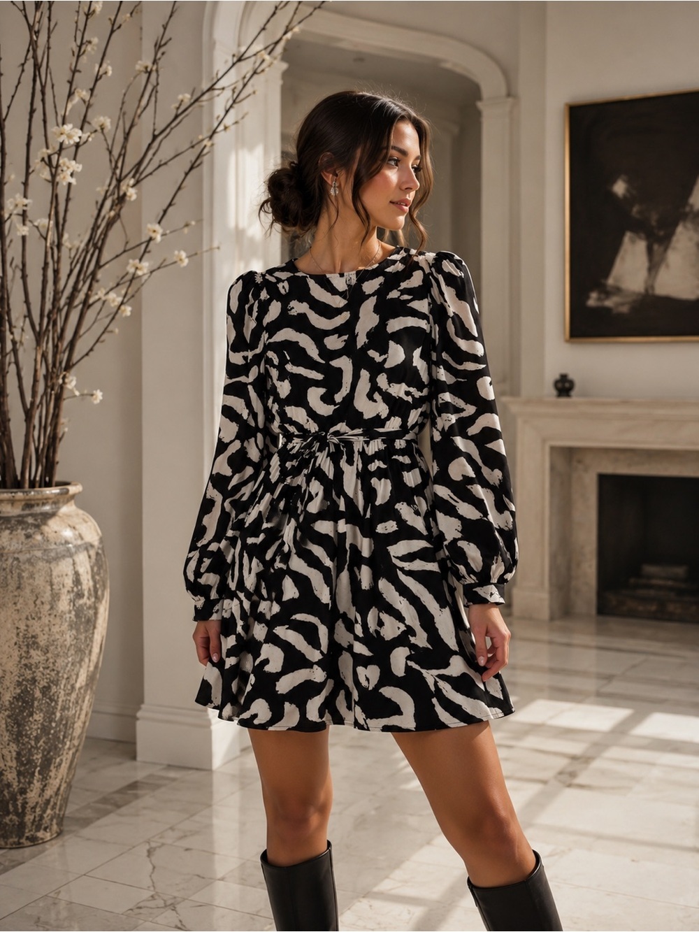 Nine West Elegant Black & White Flowy Dress | Tie-Back
Waist | Size Small |